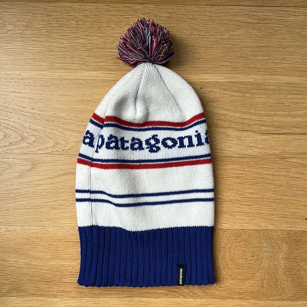 Patagonia White and Blue Knit Hat with Pom-Pom